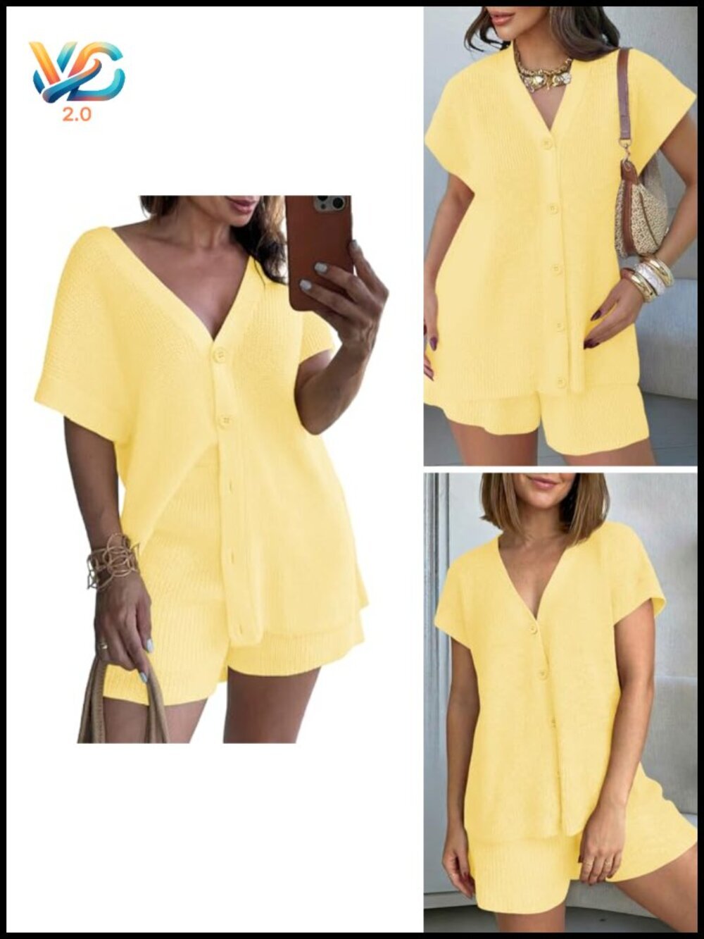 2 Piece Sweater Set Oversized Cap Sleeve Cardigan Top Shorts Lounge Set